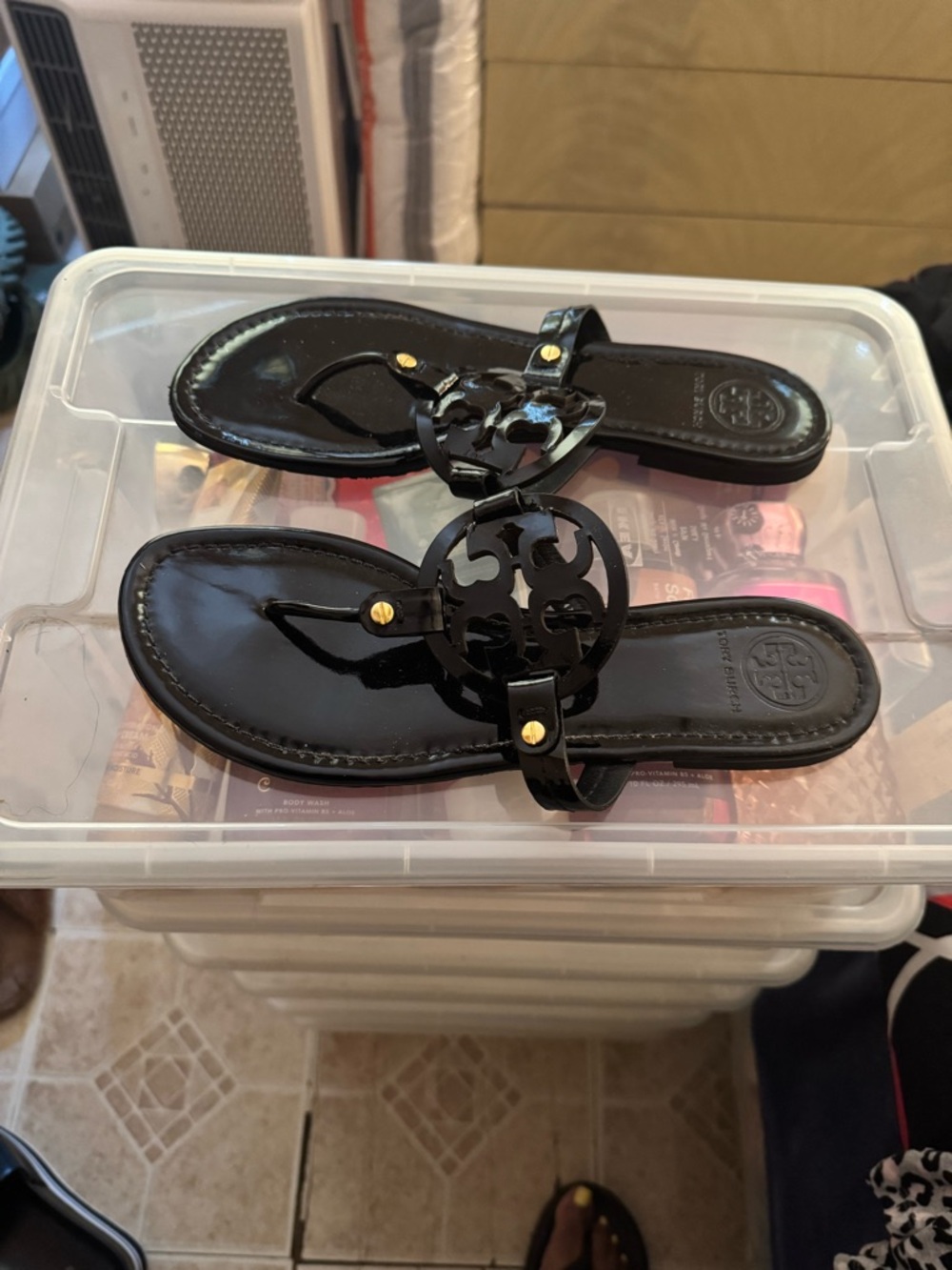 Tory Burch Black Patent Logo Thong Sandals with Gold Studs